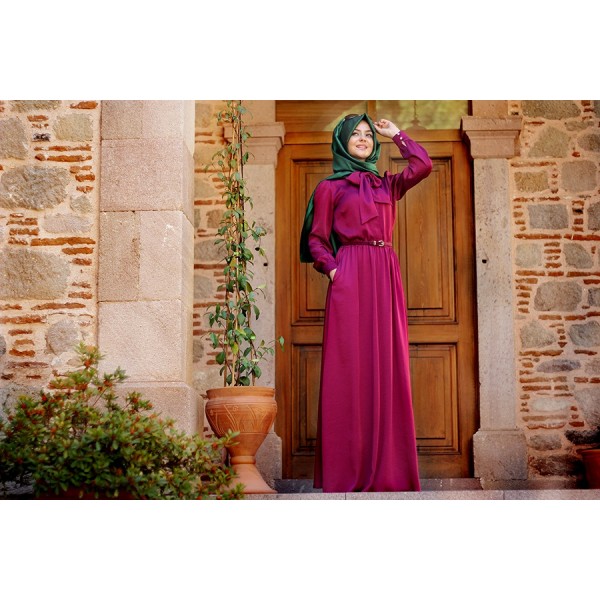 Pınar Şems - Beli Büzgülü Fuşya Elbise